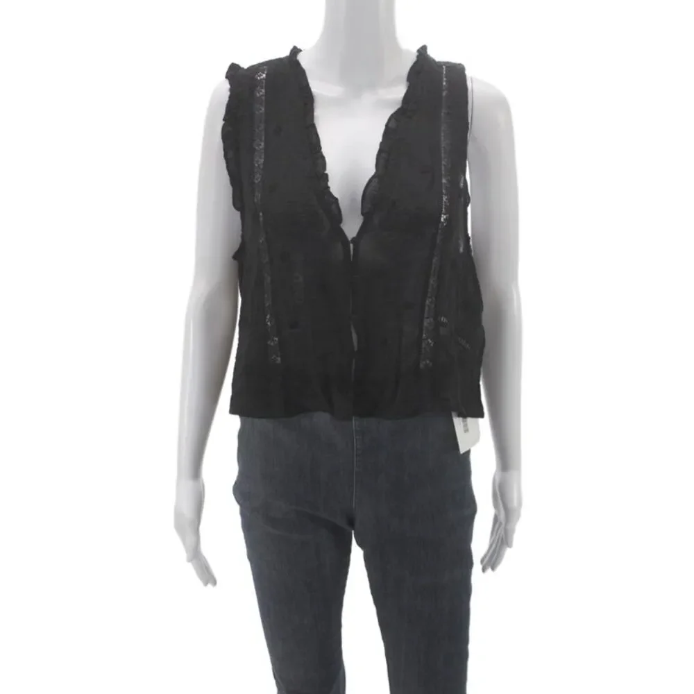 Zara Womens Cropped Polka Dot V-Neck Sleeveless Blouse Black Size L
